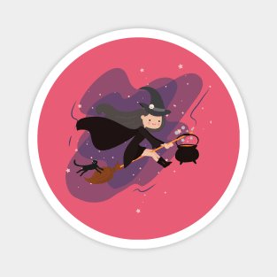 Kawaii Witch Flying in the moonlight With Her Black Cat and Cauldron Magnet